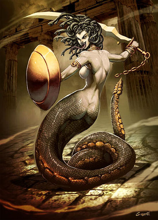 Medusa was a monstrous chthonic female character; gazing upon her would turn onlookers to stone. She was beheaded by the hero Perseus, who thereafter used her head as a weapon, until giving it to the goddess Athena to place on her shield. In classical antiquity and today, the image of the head of Medusa finds expression in the evil-averting device known as the Gorgoneion. She also has two gorgon sisters. The three Gorgon sisters — Medusa, Stheno, and Euryale — were children of Typhon and Echidna, in each case chthonic monsters from an archaic world. 